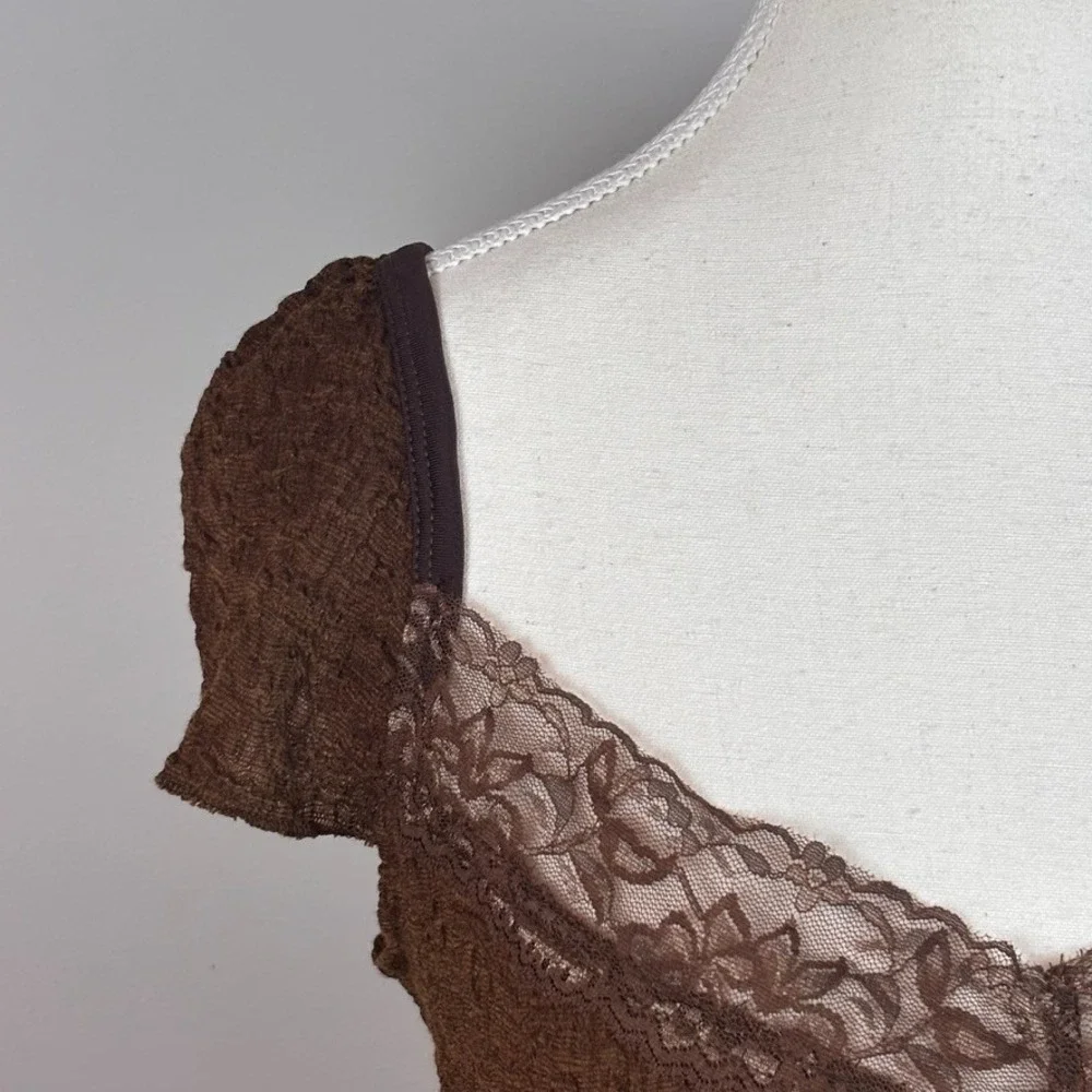 Earthbound Trading Co Women's Y2K Brown Mesh Lace Fairy Coquette Boho Top Large - Picture 3 of 9